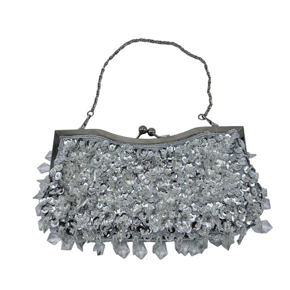 Silver Beaded Sequins Kiss Lock Formal Evening Bag - Picture 6 of 10